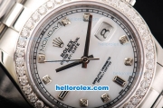 Rolex Day Date II Automatic Movement Full Steel with Diamond Bezel-Diamond Markers and White Dial