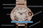 Cartier Ballon Bleu De Small Swiss Quartz Rose Gold Case/Bracelet with Silver Dial and Black Roman Numeral Markers - Diamonds Bezel