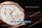 1:1 Jaeger-LECoultre Master Georgraphic Miyota 9015 Automatic Rose Gold Case with Silver Dial Stick Markers and Brown Genuine Leather