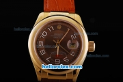 Rolex Datejust Oyster Perpetual Automatic Smooth Gold Case with Brown Dial and White Number Marking-Leather Strap