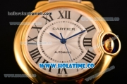 Cartier Ballon Bleu De Medium Asia 4813 Automatic Yellow Gold Case with Silver Dial Blue Leather Strap and Roman Numeral Markers (GF)