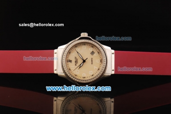 Hublot Swiss Quartz Movement Steel Case with Beige Dial and Diamond Bezel-Red Rubber Strap