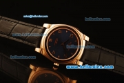 Rolex Cellini Swiss Quartz Rose Gold Case with Dark Blue Dial and Black Leather Strap-Numeral Markers