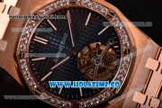 Audemars Piguet Royal Oak 41MM Swiss Tourbillon Manual Winding Full Rose Gold with Blue Dial Diamonds Bezel and Stick Markers (FT)