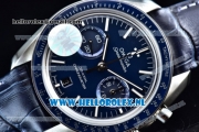 Omega Speedmaster Moonwatch Professional Chronograph Clone Omega 9300 Automatic Steel Case with Blue Dial Stick Markers and Bllue Genuine Leather Strap