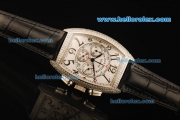 Franck Muller Chronograph Swiss Quartz Movement Steel Case with Diamond Bezel and Black Leather Strap-7750 Coating Case