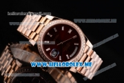 Rolex Day-Date Swiss ETA 2836 Automatic Rose Gold Case/Bracelet with Brown Dial and Stick Markers Diamonds Bezel (BP)
