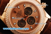 Rolex Daytona Chronograph Miyota Quartz Movement Rose Gold Case with Double Row Diamond Bezel and RG Dial - Brown Leather Strap