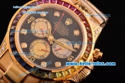 Rolex Daytona Rainbow Chrono Swiss Valjoux 7750-SHG Automatic Yellow Gold Case/Strap with Colorful Diamond Bezel and Black Dial