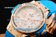 Hublot Big Bang Chronograph Swiss Quartz Movement Rose Gold Case with Diamond Bezel and Blue Rubber Strap-Lady Model