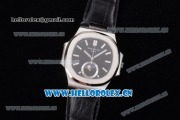 Patek Philippe Nautilus Miyota 9015 Automatic Steel Case with Black Dial Stick Markers and Black Leather Strap
