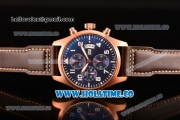 IWC Pilot's Watch Chrono Swiss Valjoux 7750 Automatic Rose Gold Case with Blue Dial Brown Leather Strap and Arabic Numeral Markers