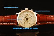 Breitling Transocean Chronograph Quartz Steel Case with Rose Gold Bezel and White Dial-Brown Leather Strap