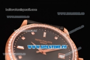 Patek Philippe Calatrava Swiss ETA 2824 Automatic Rose Gold Case with Diamonds Bezel Black Dial and Diamonds Markers