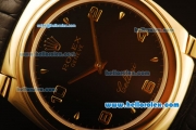 Rolex Cellini Swiss Quartz Yellow Gold Case with Black Dial and Black Leather Strap-Numeral Markers