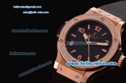 Hublot Big Bang Swiss Quartz Rose Gold Case with Stick/Numeral Markers Diamond Bezel and Black Rubber Strap