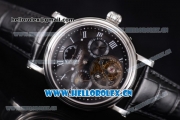 Patek Philippe Grand Complication Swiss Tourbillon Automatic Steel Case with Black Dial Black Leather Strap and Roman Numeral Markers