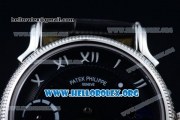 Patek Philippe Grand Complication Swiss Tourbillon Manual Winding Steel Case with Black Dial Roman Numeral Markers and Black Leather Strap