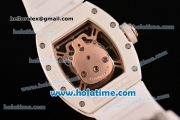 Richard Mille RM 52-01 Miyota 6T51 Automatic Rose Gold Case with Diamonds Skull Dial and White Rubber Bracelet