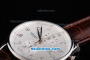 IWC Portugieser Chronograph Quartz Movement Silver Case with Number Markers-White Dial and Brown Leather Strap