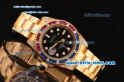 Rolex GMT-Master II Swiss ETA 2836 Automatic Gold Case with Colorful Diamond Bezel Black Dial and Yellow Gold Strap