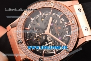 Hublot Classic Fusion Asia 6497 Manual Winding Rose Gold Case with Skeleton Dial Diamonds Bezel and Stick Markers