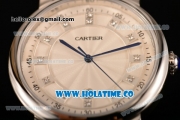 Cartier Rotonde De Miyota Quartz Steel Case with Diamonds Markers White Dial and Black Leather Strap