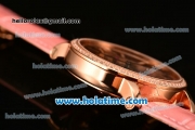 Cartier Rotonde De Swiss Quartz Rose Gold Case with Diamonds Bezel Skeleton Dial and Pink Leather Strap