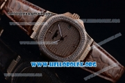 Patek Philippe Nautilus Miyota 9015 Automatic Rose Gold Case with Diamond Dial and Brown Leather Strap