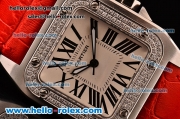 Cartier Santos 100 Medium Japanese Miyota OS2035 Quartz Steel Case with Red Leather Strap Diamond Bezel and White Dial