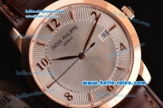 Patek Philippe Calatrava Swiss ETA 2824 Automatic Rose Gold Case with Brown Leather Strap White Dial Numeral/Stick Markers