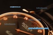 Rolex Cellini Swiss Quartz Rose Gold Case with Brown Dial and Black Leather Strap-Diamond Markers