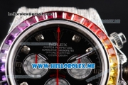 Rolex Daytona Rainbow Swiss Valjoux 7750 Automatic Steel Case with Black Dial and Black Leather Strap Diamonds Markers (GF)