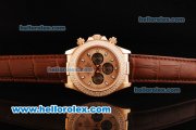 Rolex Daytona Chronograph Miyota Quartz Movement Rose Gold Case with Double Row Diamond Bezel and RG Dial - Brown Leather Strap Rolex Daytona Chronograph Miyota Quartz Movement Rose Gold Case with Double Row Diamond Bezel and RG Dial - Brown Leather Strap