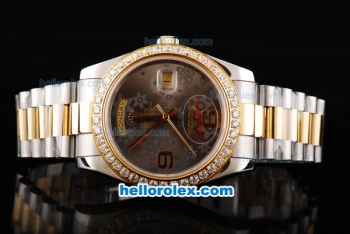 Rolex Day-Date II Oyster Perpetual Automatic Movement Grey/Flower Dial with RG/Diamond Bezel-Two Tone Strap