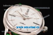 Rolex Cellini Time Asia 2813 Automatic Steel Case with White Dial Green Leather Strap and Stick/Roman Numeral Markers