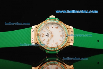 Hublot Big Bang Swiss Quartz Movement Rose Gold Case with Green Diamond Bezel and Green Rubber Strap