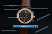 Hublot Classic Fusion Chronograph Swiss Valjoux 7750 Automatic Rose Gold Case with Black Dial Stick Markers and Brown Genuine Leather Strap