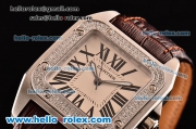 Cartier Santos 100 Medium Japanese Miyota OS2035 Quartz Steel Case with Brown Leather Strap Diamond Bezel and White Dial