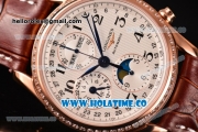 Longines Master Moonphase Chrono Swiss Valjoux 7751 Automatic Rose Gold Case with Diamonds Bezel Arabic Numeral Markers and White Dial - 1:1 Original
