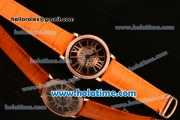 Cartier Rotonde De Swiss Quartz Rose Gold Case with Diamonds Bezel Skeleton Dial and Orange Leather Strap