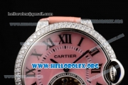 Cartier Ballon Bleu De Tourbillon Swiss Tourbillon Manual Winding Steel Case with Pink Dial Pink Leather Strap and Roman Numeral Markers