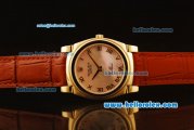 Rolex Cellini Swiss Quartz Yellow Gold Case with Pink MOP Dial and Brown Leather Strap-Roman Markers