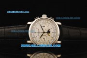 Patek Philippe Moonphase Chronograph Swiss Valjoux 7750 Manual Winding Movement Steel Case with Stick Markers and Black Leather Strap