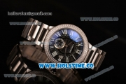 Cartier Rotonde De Miyota Quartz Steel Case/Bracelet with Black Dial Diamonds Bezel and Black Roman Numeral Markers