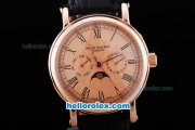 Patek Philippe Automatic Rose Gold Case and Dial with Black Marking and Leather Strap