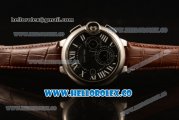 Cartier Ballon Bleu De Chrono Swiss Valjoux 7750 Automatic Steel Case with Black Dial Roman Numeral Markers and Genuine Leather Strap