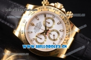 Rolex Cosmograph Daytona Clone Rolex 4130 Automatic Yellow Gold Case with White Dial Stick Markers and Black Leather Strap (EF)