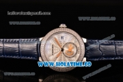 Cartier Rotonde De Swiss Quartz Steel Case with Diamonds Bezel Blue Leather Strap with White Guilloche Dial