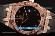 Audemars Piguet Royal Oak Lady Swiss Quartz Rose Gold/Diamonds Case with Black Dial and Black Rubber Strap (EF)